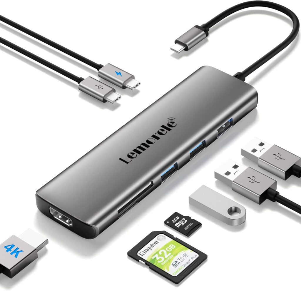 USB C Hub Docking Station, Lemorele 9 in 1 Multiport Adapter with 4K HDMI, 3 USB 3.0, USB C Data Ports, 100W PD, SD/TF Slot Compatible with MacBook Air/Pro M1, iPad Pro, Chromecast, Switch, PS4