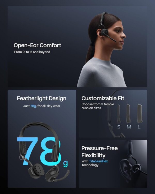 SHOKZ New OpenMeet UC - Open-Ear Bluetooth Computer Headset, Noise Cancelling Mic + Mute Button, USB-A Dongle Compatible with PC & Mac, Wireless Work Headphones, Customizable Fit, Smart App - C610 UC - Image 3
