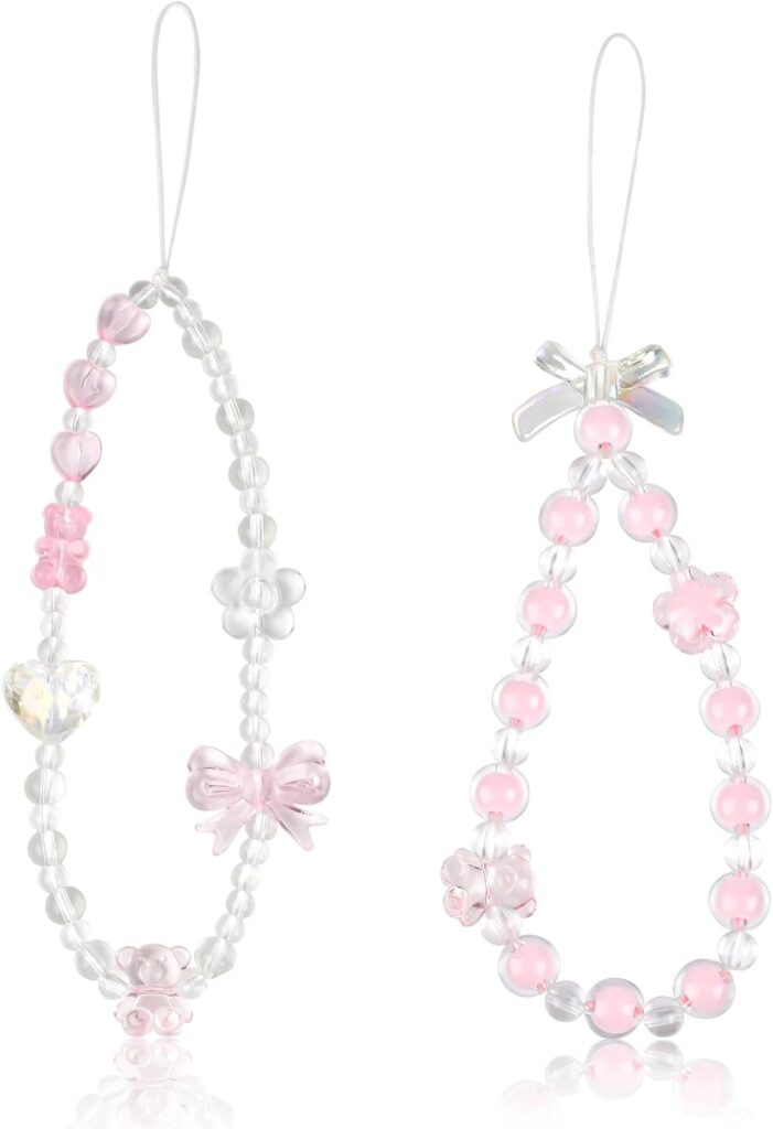 Reownest 2 PCS Phone Charm Bracelet Strap- Cute Y2K Cat Bow heart Crystal Pearls Beaded Phone Strap Lanyard Aesthetic Chain Keychain Wrist Straps for Teen Girls Women