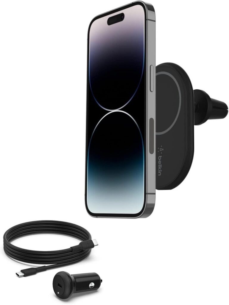 Belkin BoostCharge Wireless Charger, Magnetic Car Charger, Phone Mount Holder Compatible with MagSafe Enabled iPhone 16, 15, 14, 13, 12, Mini, Plus, Pro, Pro Max and More (Cable and Charger Included)