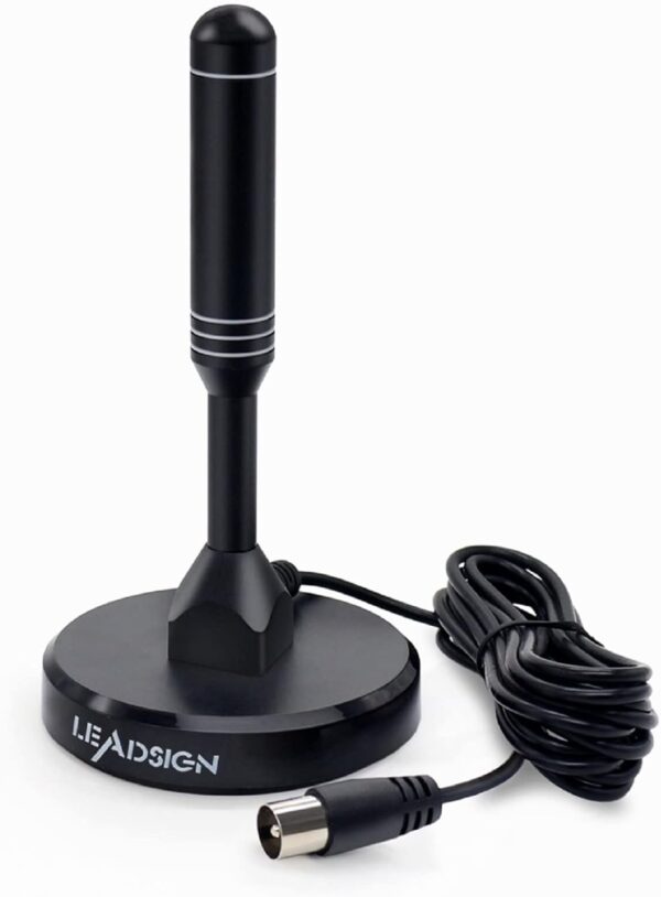 LEADSIGN Portable Indoor/Outdoor TV Aerial with Magnetic Base, 360°Reception High Gain Digital Freeview TV Antenna, 4K 1080P VHF UHF (Black)