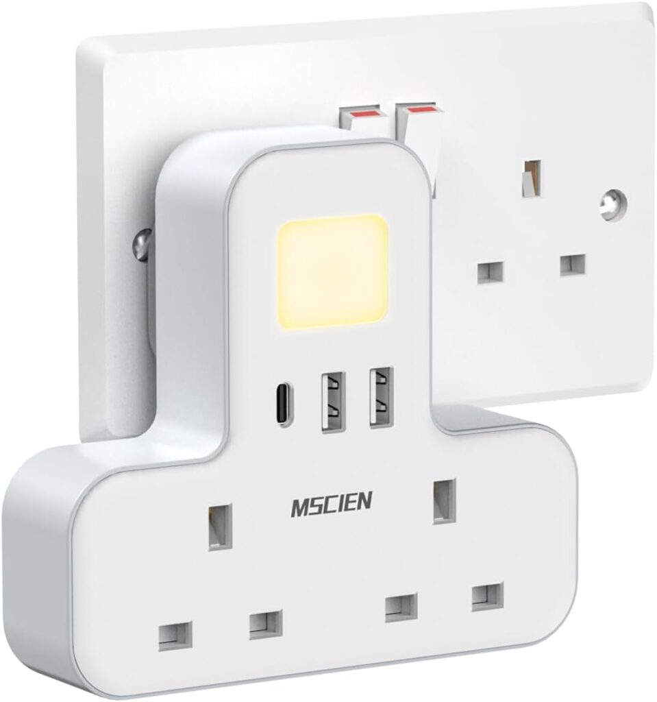 Double Plug Adaptor with USB (1USB-C, 2 USB-A), MSCIEN Plug Extender with Night Light Multi Plug Adaptor, White Plug Adaptor, Plug Adapter UK for Home, Office, Dorm Plug Adapter with USB