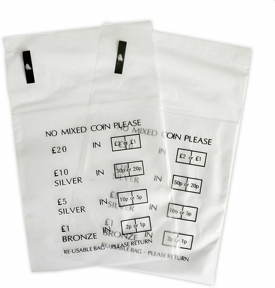 100 Pack – Coin Bags | Money Bank Bags | Clear Plastic No Mixed Coins Bank Bags | Banking Cash Retail No Mixed Coins Bags for Change Handling Shop Business Home Office