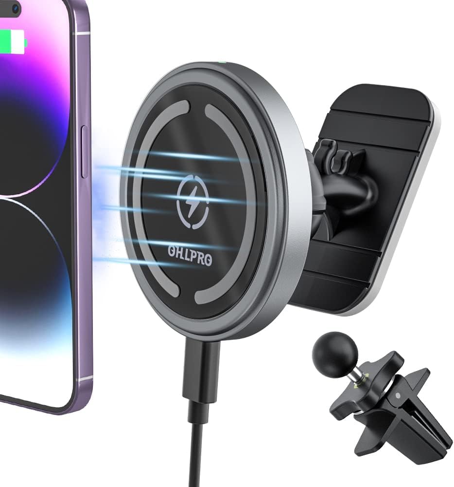OHLPRO MagSafe Car Mount Charger iPhone Wireless Car Charger, Stick on Dashboard Magnetic Phone Holder Mount for iPhone 16 Pro Plus Max 15 14 13 12 Series, 15W Fast Charging, Aluminum Shell