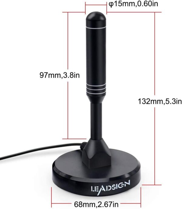 LEADSIGN Portable Indoor/Outdoor TV Aerial with Magnetic Base, 360°Reception High Gain Digital Freeview TV Antenna, 4K 1080P VHF UHF (Black) - Image 2