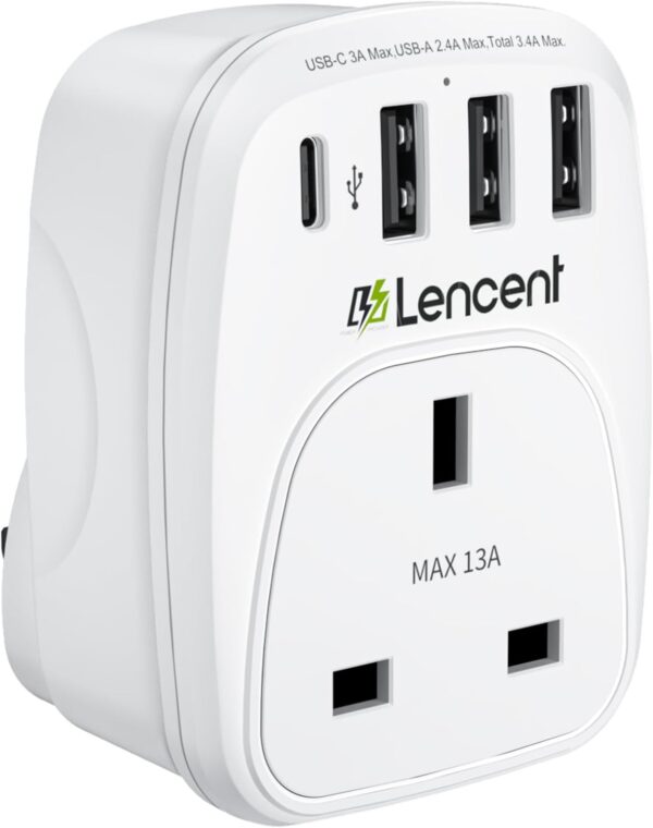 LENCENT USB Plug Charger UK with 1 Type C and 3 USB Ports, 1 Way Socket Extension, 5-in-1 USB Outlet Plug Extender for Household Appliances, iPhone, Smartphone Tablets, Ideal for Home Office 3250W