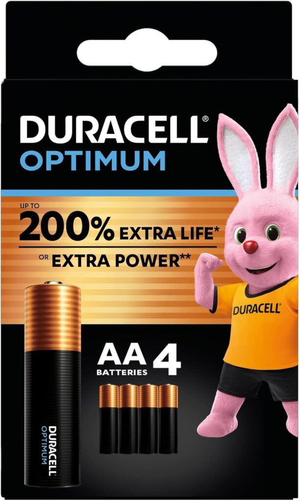 Duracell Optimum AA Batteries (4 Pack) – Alkaline Batteries 1.5V – Up To 200% Extra Life or Extra Power – Meets Demands Of Modern Devices – 100% Recyclable, 0% Plastic Packaging – LR6 MX1500