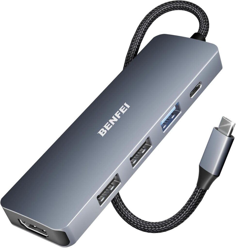 BENFEI USB C Hub 5in1 with 4K HDMI, 1 USB-A 3.2 GEN2 10Gbps & 2 USB-A 2.0, 100W Power Delivery, Silicone and Woven Design Cable, Aluminum Case Compatible with MacBook, iPad, iPhone 15/16 series.