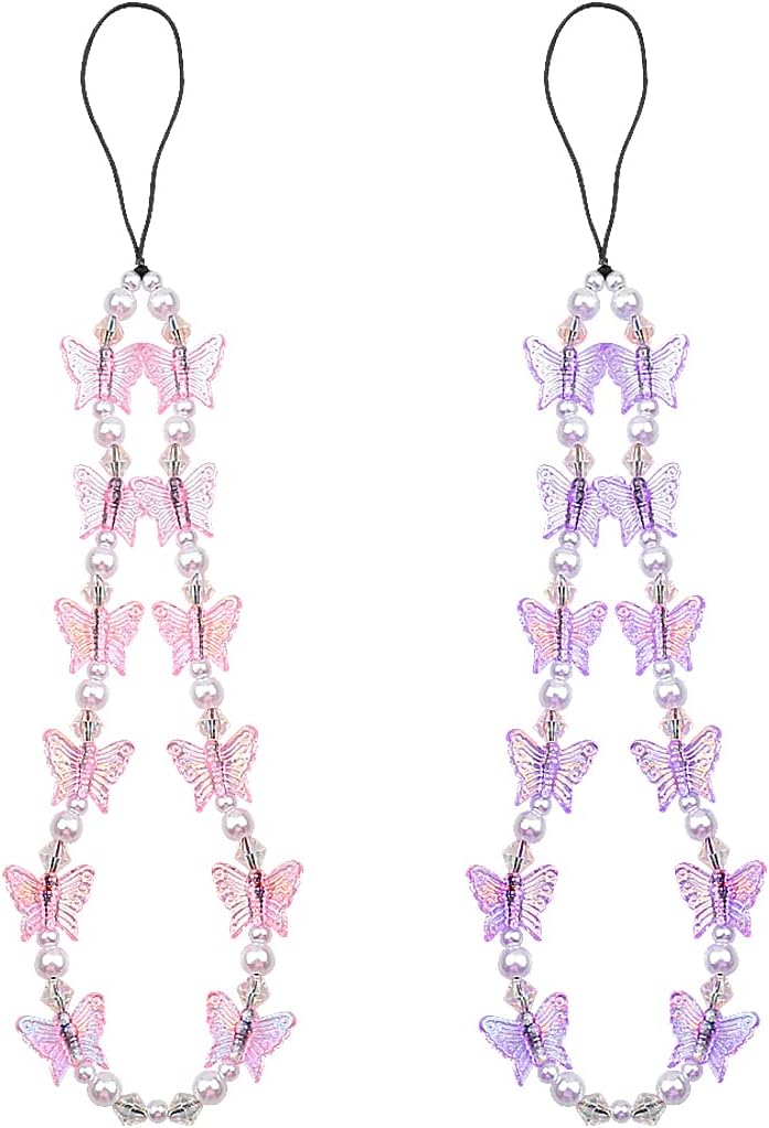 Jagowa 2PCS Phone Charm Cell Phone Pearl Lanyard Wrist Straps Bling Crystal Butterfly Pendant Anti Lost Mobile Phone Chain for Women Girl, Pink, Purple