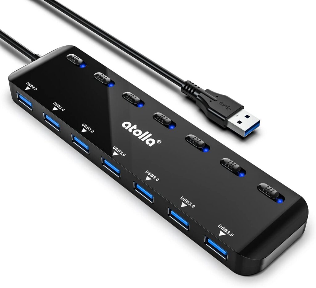USB HUB, atolla 7-Port USB 3.0 Hub Slim USB Splitter with 3.82Ft Extended Cable and Individual LED Power Switches, Multi USB Port Extension Data Hub for PC, Laptop, MacBook, etc.