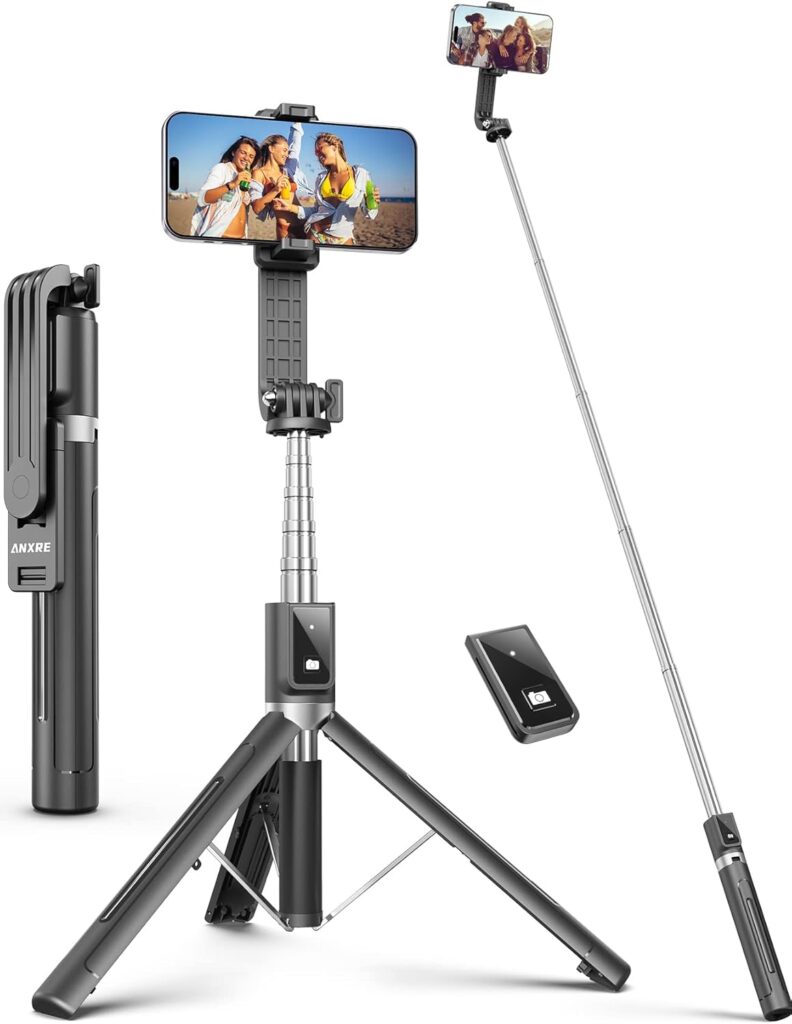 ANXRE Selfie Stick with 𝐑𝐞𝐢𝐧𝐟𝐨𝐫𝐜𝐞𝐝 Tripod – 50” Extra Long Phone Tripod with Detachable Wireless Remote for Filming, Compatible with Smartphone iPhone, Samsung, Huawei, Xiaomi(Black)