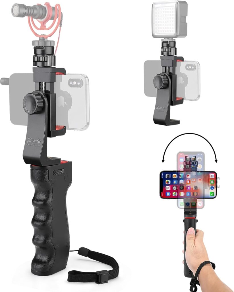 Zeadio Smartphone Stabilizer, Vlogging Hand Grip Video Holder Rig Handle Travel Selfie Stick with Clamp Mount for All iPhone and Android Mobile Cell Phone
