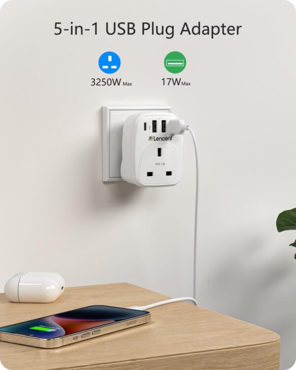 LENCENT USB Plug Charger UK with 1 Type C and 3 USB Ports, 1 Way Socket Extension, 5-in-1 USB Outlet Plug Extender for Household Appliances, iPhone, Smartphone Tablets, Ideal for Home Office 3250W - Image 2