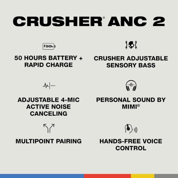 Skullcandy Crusher ANC 2 Over-Ear Active Noise Cancelling Wireless Bluetooth Headphones with Sensory Bass, Skull-iQ Voice Control, 50 Hr Battery, Microphone – Black/Asphalt - Image 4