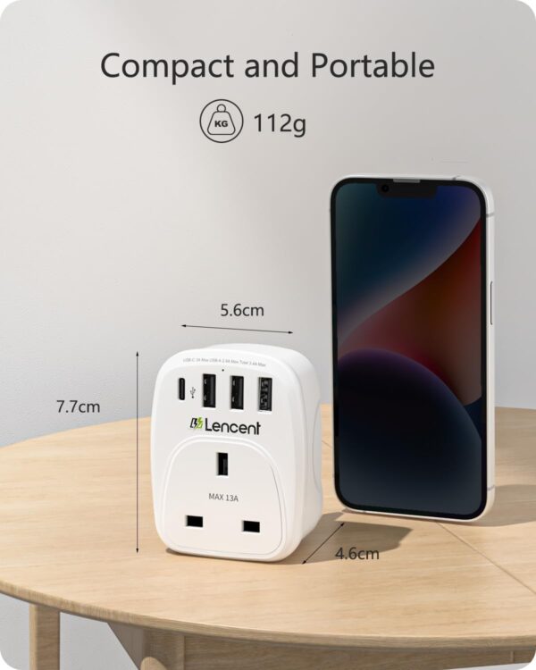 LENCENT USB Plug Charger UK with 1 Type C and 3 USB Ports, 1 Way Socket Extension, 5-in-1 USB Outlet Plug Extender for Household Appliances, iPhone, Smartphone Tablets, Ideal for Home Office 3250W - Image 5