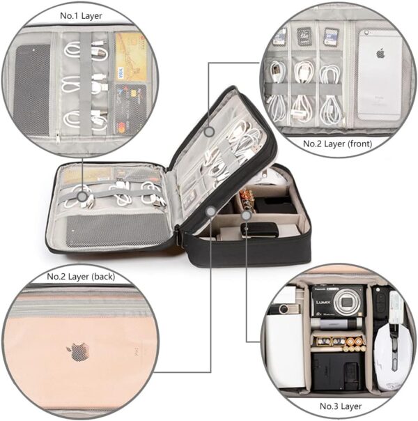 HCFGS Travel Cable Organiser Bag,Accessories Organizer Bag Extra Large 3-Layers Universal Carry Travel Gadget Bag for Power Bank, Data Cable (Black) - Image 2