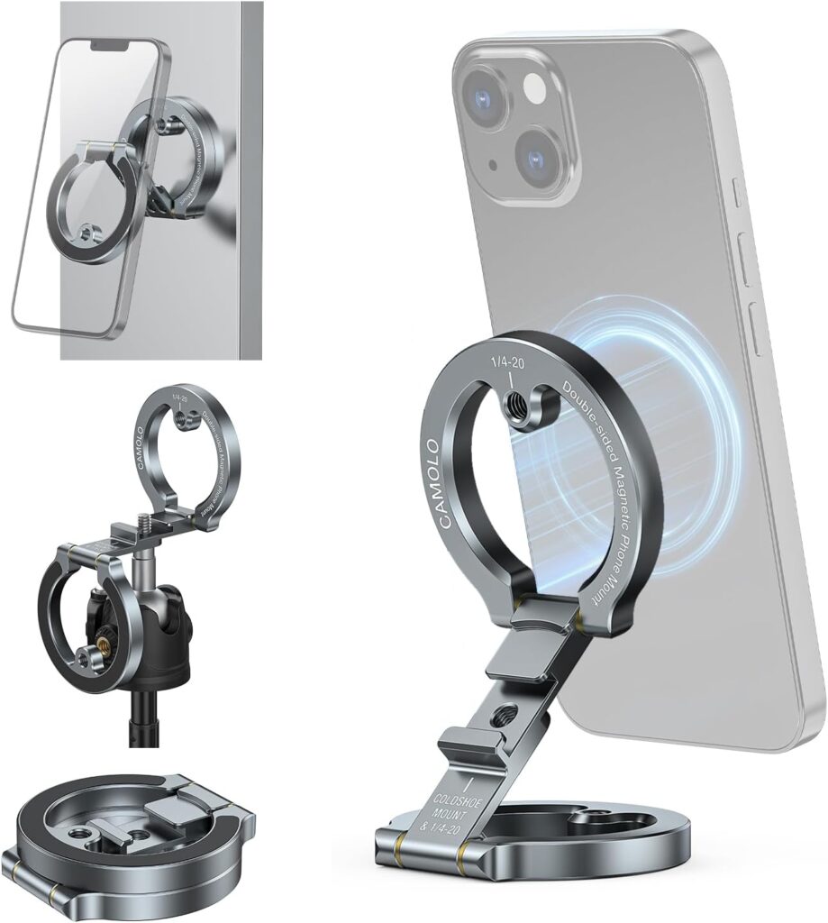 Dual Magnetic Phone Holder,Foldable Ring Phone Stand Mount with 1/4″ Screw Hole for Tripod, Car,Gym,Travel,Compatiable with Magsafe iPhone 16 15 14 13 12 Pro Max Plus Series and Magsafe Case