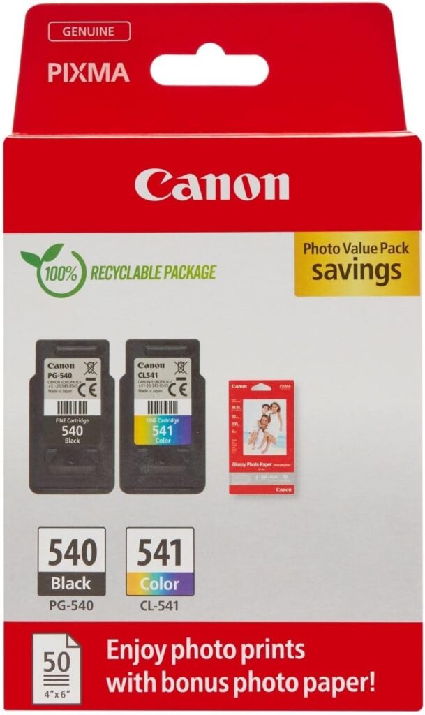 Canon Ink & Paper Multipack – PG-540/CL-541 Genuine Printer Ink Cartridges 2 Pack (1 x Black, 1 x Colour) & 4×6 Photo Paper (50 x Sheets) – Compatible with PIXMA MX, MG & TS