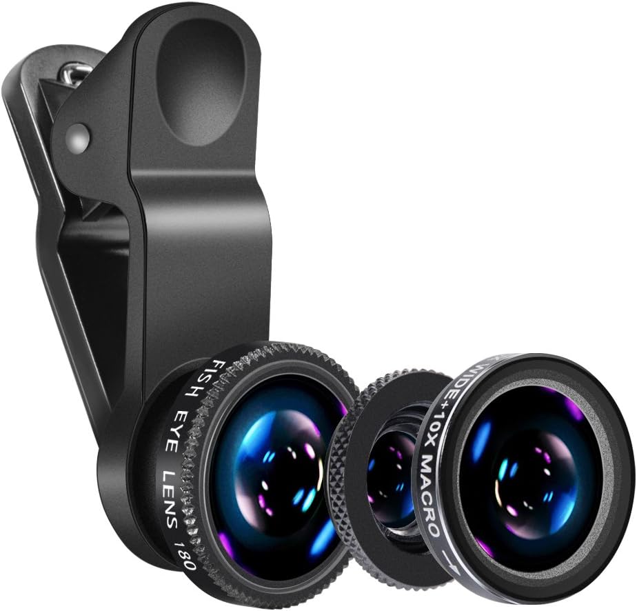 Yarrashop Mobile Phone Camera Lens Kit Phone Lens With Fish Eye Lens +Macro Lens + Wide Angle Lens Compatible With iPhone,Samsung,Huawei,iPad,Sony,HTC,LG,etc (Black)