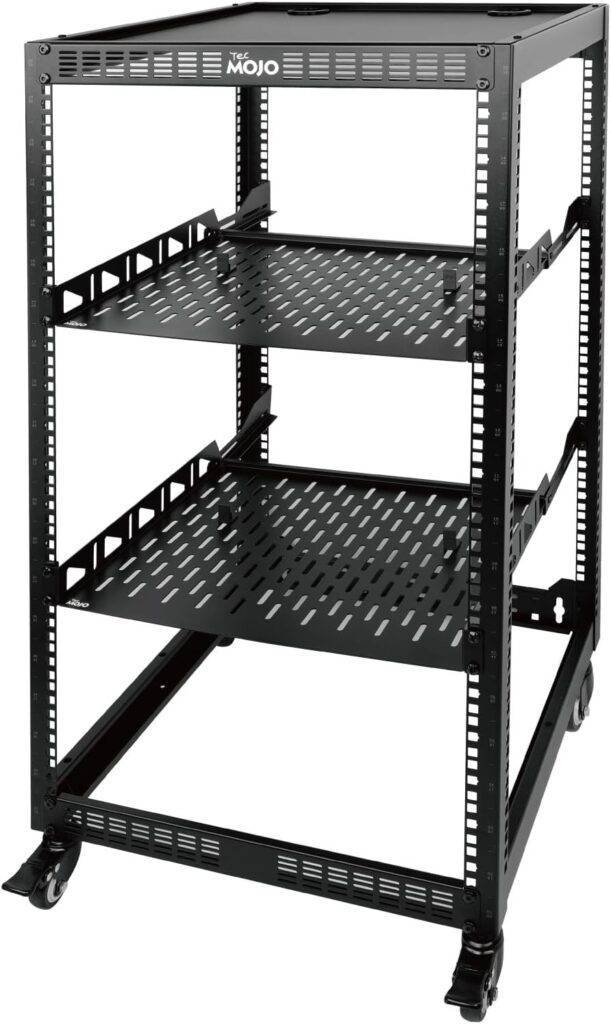 Tecmojo 20U Open Frame Network Rack for Servers&AV Gear, Server Rack 4-Post with casters, Mobile Server Rack with 2 PCS 1U Server Rack Shelf & Mounting Hardware, AV Rack for 19″ Network/Servers/Audio