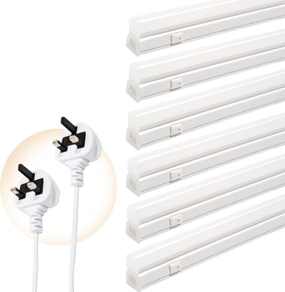 Qsmile LED Batten Lights Including UK Plug, 6-Pack 4FT 18W 2200lm Garage Lighting, T5 4000K Workshop Lighting, Connect Up to 6 LED Tube Lights, Office Lighting with On/Off Switch, Light Fixture