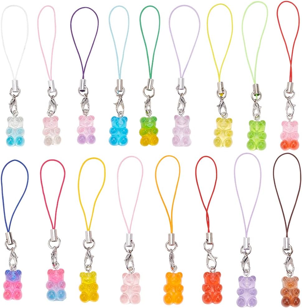 BENECREAT 34pcs 21x11x7mm Bear Pattern Resin Mobile Phone Straps Pendants with Polyester Cord, Mixed Color Phone Charm Accessories for Mobile Phone Backpack Wallet Keychain Pendant