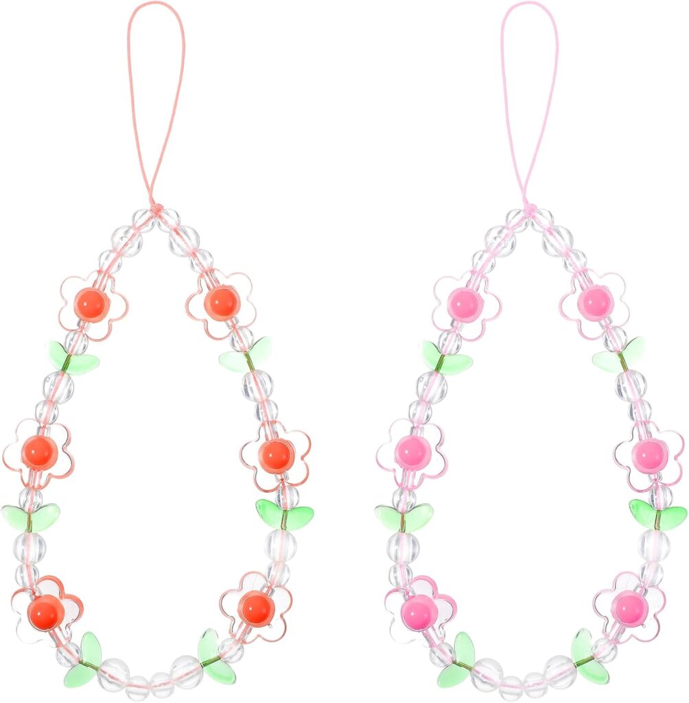 2 PCS Phone Wrist Strap Charms, Cute Beaded Flower Pearl Bracelet Strap Lanyards Pink Orange Camera Pendants Y2k Accessories, Aesthetic Cell Phone Keychain Decoration for Women Phone Bag Wallet