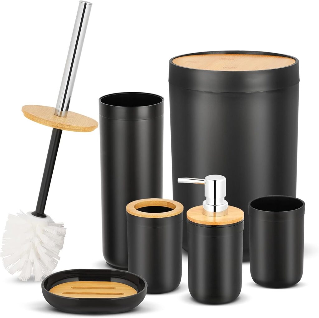 Worephu Bathroom Accessory Set, 6pc Plastic Bathroom Accessories with Trash Can, Toothbrush Holder, Plastic Cup, Soap Dish, Lotion Dispenser, Toilet Brush & Toilet Brush Holder