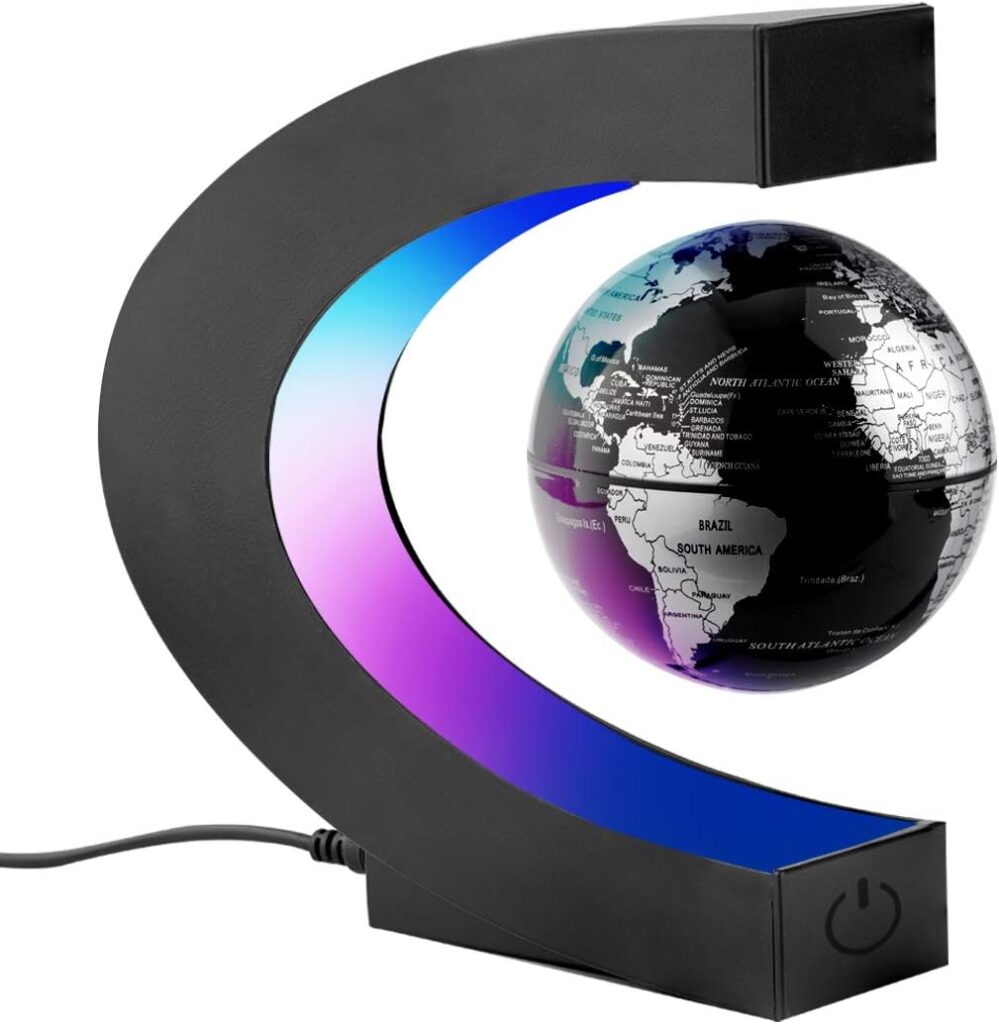 Surplex Floating World Globe with Colored LED Lights C Shape, Magnetic Field Levitation World Map Globe Gravity Educational, Home/Office Desk Decoration Birthday Present for Kids, Black, With UK Plug