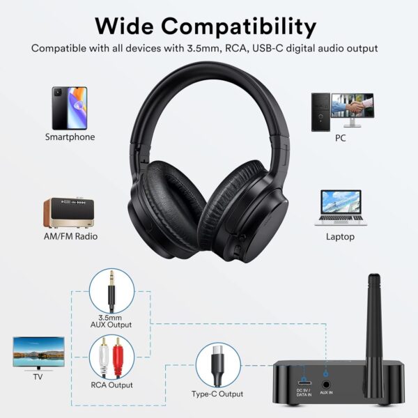 ROSIDA Wireless Headphones for TV, Over-Ear Bluetooth 5.0 TV Headset for Seniors, 196ft Wireless Range Support Optical,AUX, RCA and USB Output,High Volume, Hi-Fi Audio&No Delay,Up to 40 Hours Playtime - Image 7