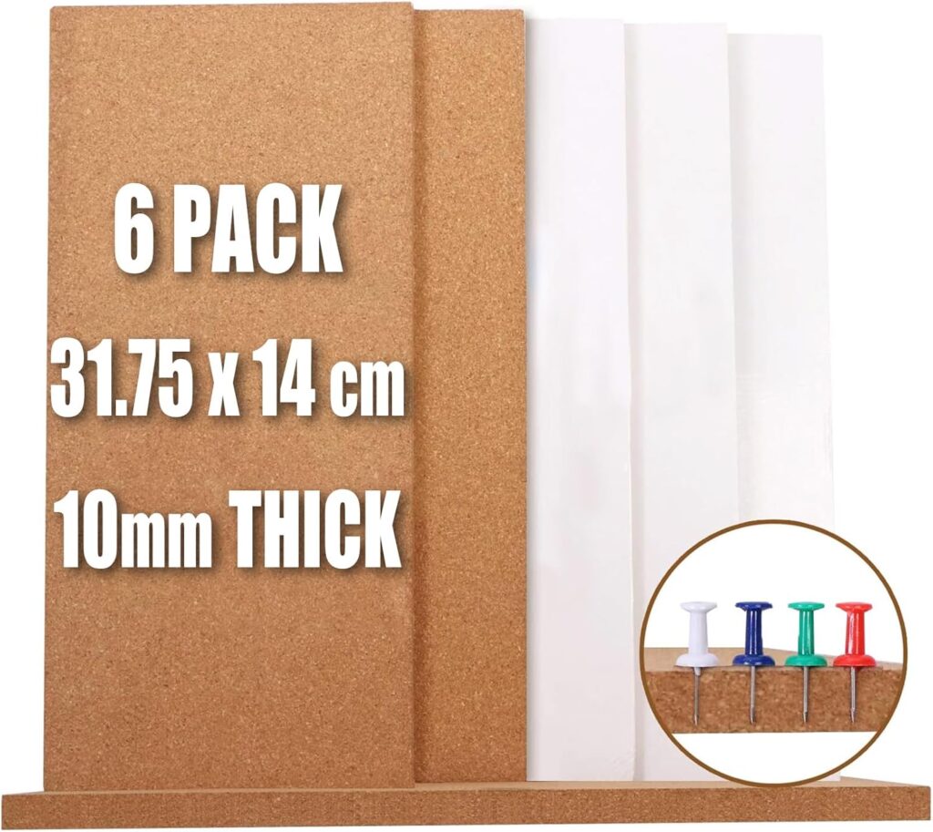 6 Pack Cork Board Tiles Bulletin Boards Vision Pin Board, 31.75x14cm-10mm Thick DIY Message Notice Board, Self-Adhesive Cork Boards for Walls Decor, Home, Office, Classroom, Kitchen, UK