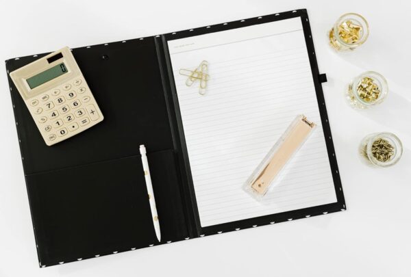 Kate Spade New York A4 Clipboard Folio with Low Profile Clip, Black Professional Padfolio Includes Lined Notepad, Pen Loop, and Pocket, Polka Dots - Image 5
