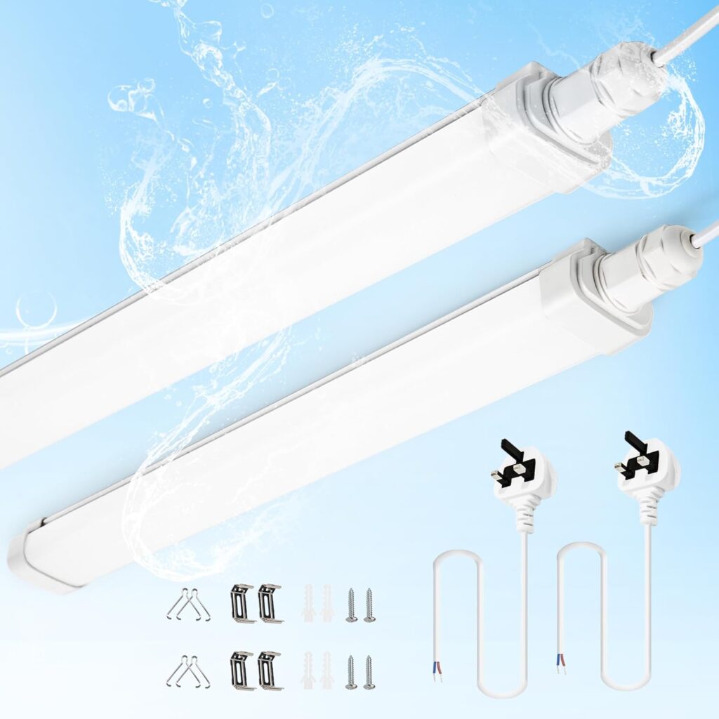LED Batten Light 4FT with UK Plug, 2-Pack 1.2m in Wall Light Garage Lighting IP65 Waterproof Plug in Ceiling Light for Shed Loft Workshop Office Bedroom Kitchen Tube Strip Light