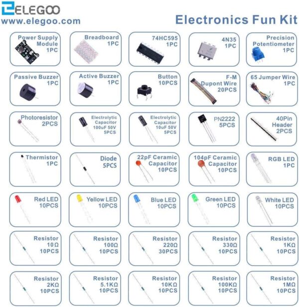 ELEGOO Electronic Fun Kit Bundle with Breadboard Cable Resistor, Capacitor, LED, Potentiometer total 235 Items for Arduino - Image 2