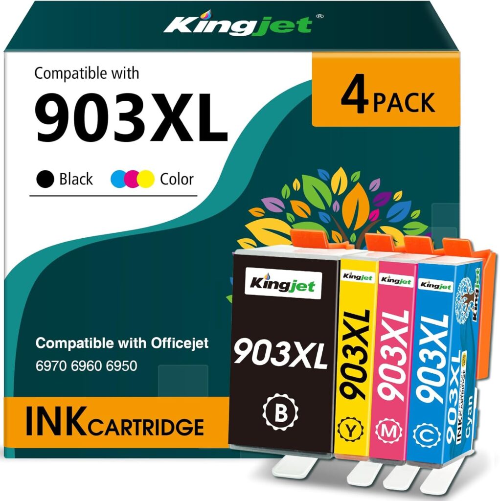 KINGJET 903XL Ink Cartridges, Replacement for HP 903 Ink Cartridges, for HP Officejet Pro 6970 6960 Officejet 6950 6960 All-in-One Inkjet Printer (Black Cyan Magenta Yellow, Multipack)