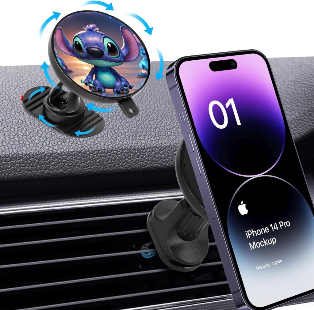 for MagSafe cartoon stitch car holder, 360 ° rotating magnetic car dashboard phone holder, car vent hands-free magnetic phone holder, Mag car accessories for smartphones and electronic devices（ZX04）