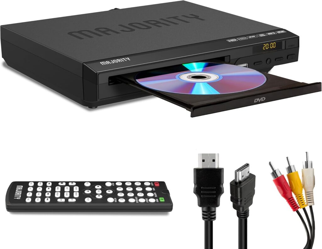 HDMI DVD Player for TV | 1080P Region Free DVD Players for Smart TV | Mini DVD Player with USB, CD & MP3 | HDMI Cable, RCA Cable & Remoted Control Included | MAJORITY DVD Player