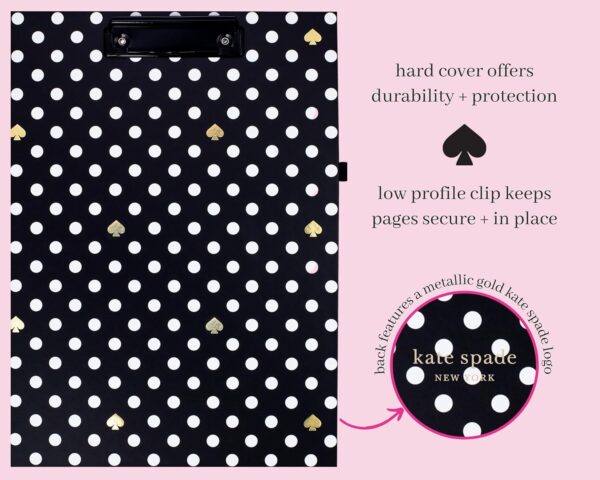 Kate Spade New York A4 Clipboard Folio with Low Profile Clip, Black Professional Padfolio Includes Lined Notepad, Pen Loop, and Pocket, Polka Dots - Image 2
