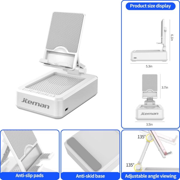 JTEMAN Portable Phone Stand with Speaker Bluetooth Wireless,Gifts for Men Women,Birthday for Women Men,Kitchen Gadgets for Men,Phone Holder for Desk - White - Image 5