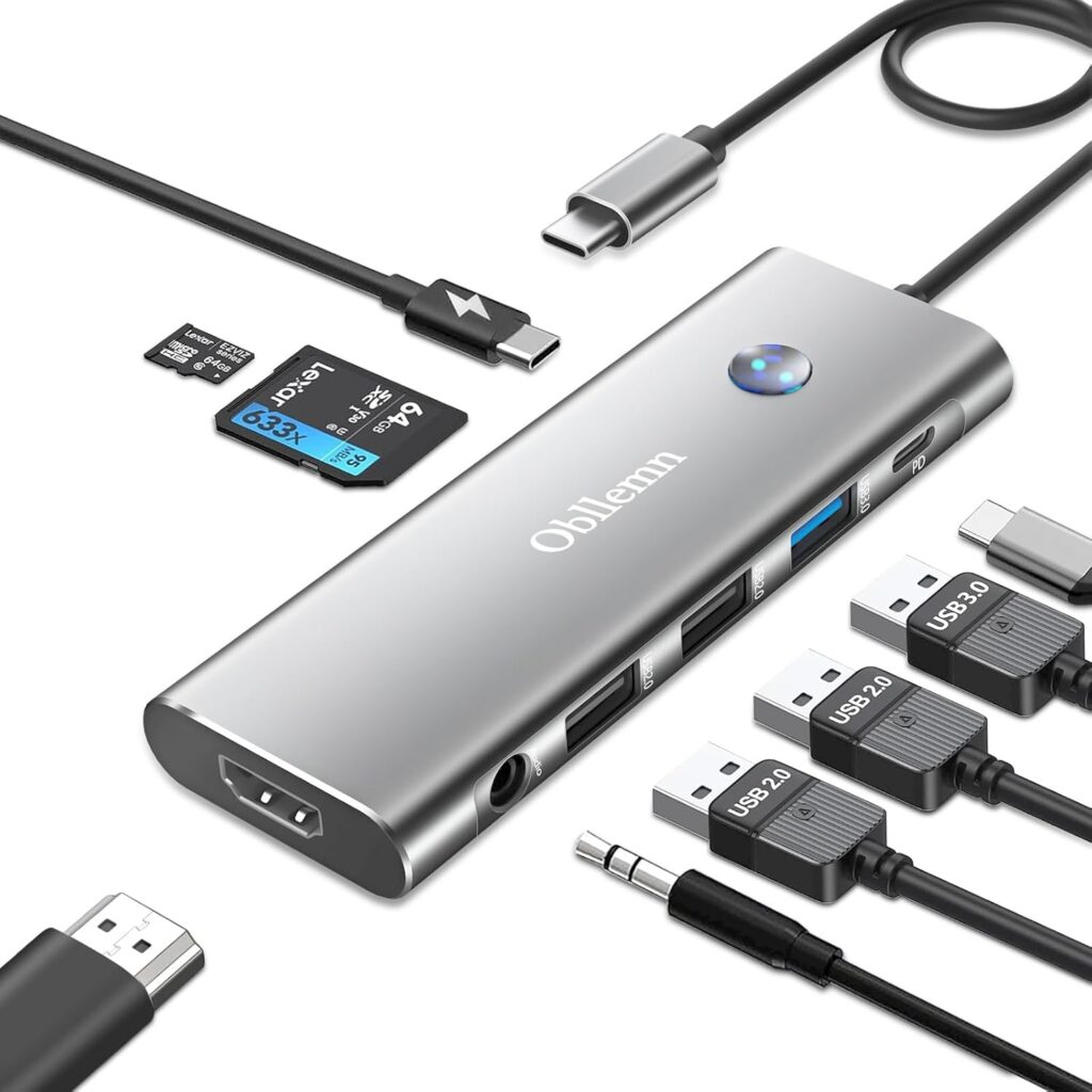 USB C Hub Multiport Adapter 9 in 1 with SD, TF, USB 3.0, 2 USB 2.0, 4K@60Hz HDMI, PD 100W, 3.5 mm Audio ports, USB Type C Hub for MacBook Air/Pro, Pad Pro, Dell, Surface