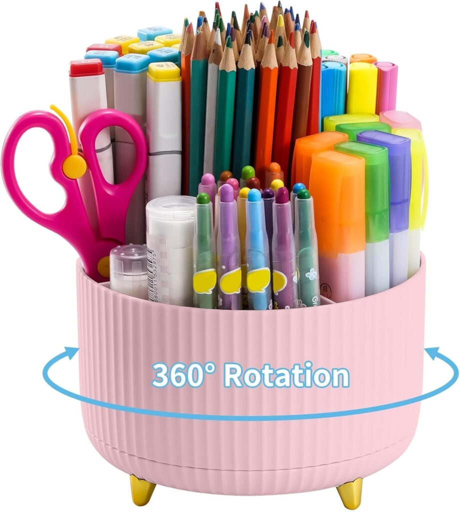 Marbrasse Desk Organiser,360-Degree Rotating Pen Holder for Desk,Desk Organisers and Accessories with 5 Compartments Pencil Organiser, Organisers Storage Box Caddy for Office,Home (Pink)