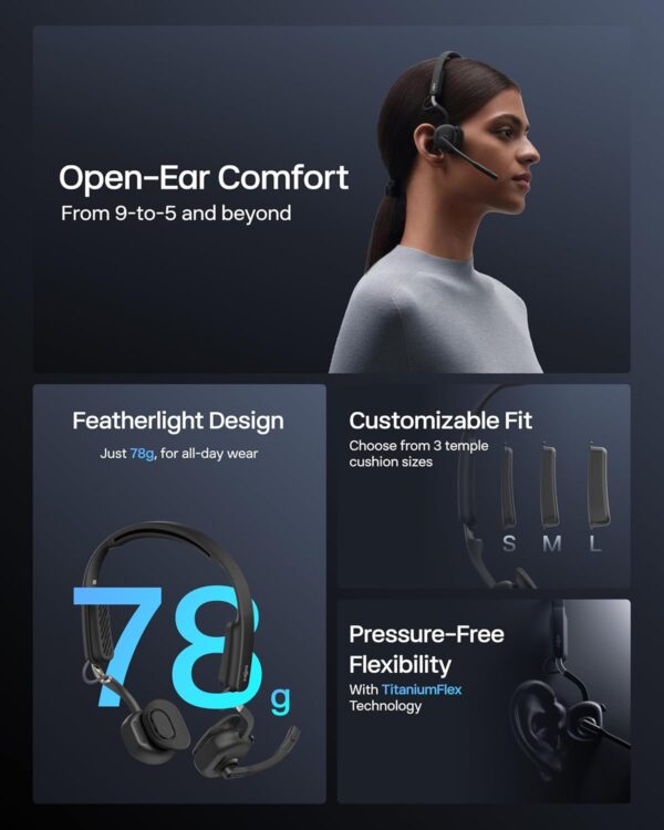 SHOKZ New OpenMeet - Open-Ear Bluetooth Computer Headset, Noise Cancelling Mic + Mute Button, Bluetooth 5.4 Compatible with PC & Mac, Wireless Work Headphones, Customizable Fit, Smart App - C610 - Image 3