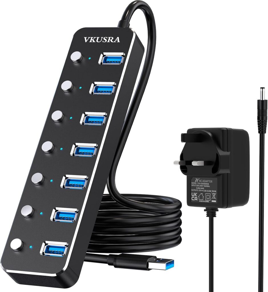 USB 3.0 Hub Powered, VKUSRA Aluminum 7 USB Port SuperSpeed USB Data Hub with 5V3A Power Adapter and Individual On/Off Switch for Surface Pro, Windows, PC Laptop, Desktop, NoteBook and More