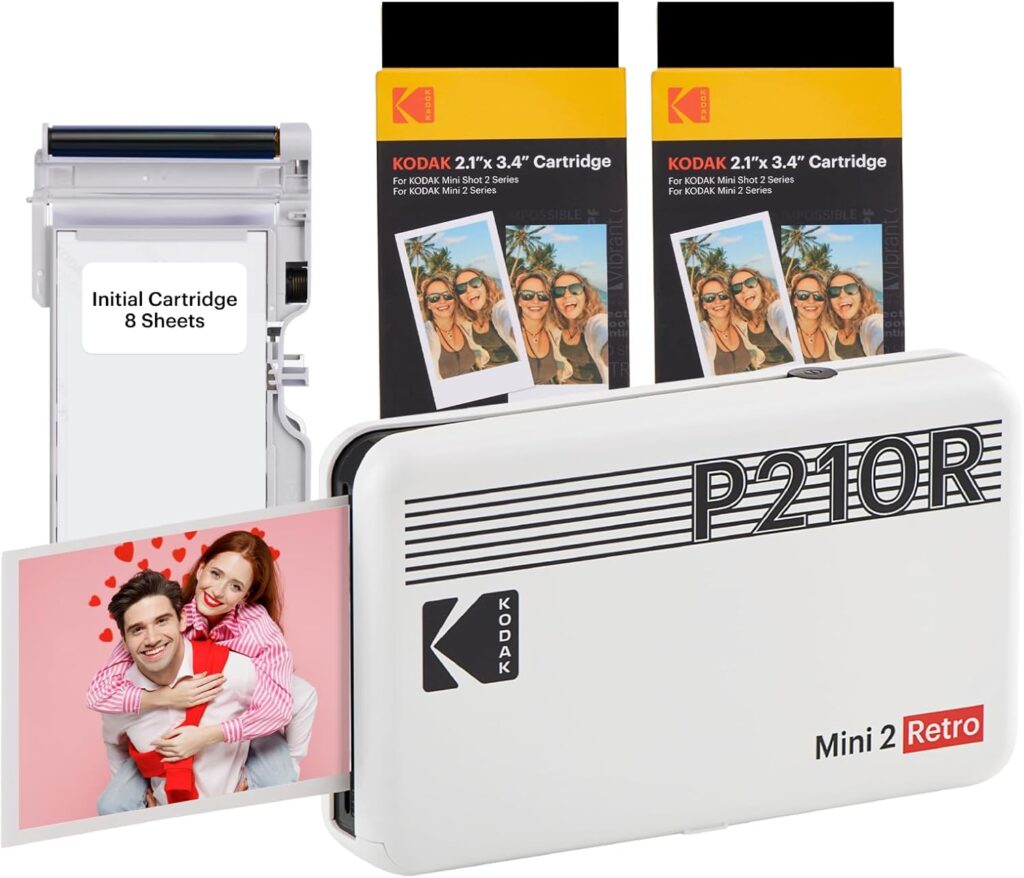 KODAK Mini 2 Retro 4PASS Portable Photo Printer (2.1×3.4 inches) Initial 8 Sheets + 60 Sheets Pack Bundle, White
