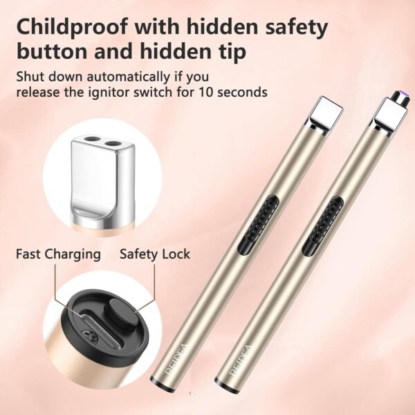 REIDEA Candle Lighter Electronic Arc Windproof Flameless USB Rechargeable Lighter with Safe Button for Home Kitchen, S4, Champagne Gold - Image 3
