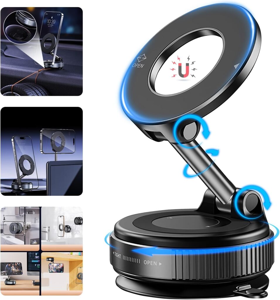 Foluu Upgraded Magnetic Phone Holder, 360° Rotating Adjustable and Foldable Vacuum Adsorption Car Phone Mount Low Noise for iPhone & Android for Car/Gym/Mirror/Smooth Surface (Black)