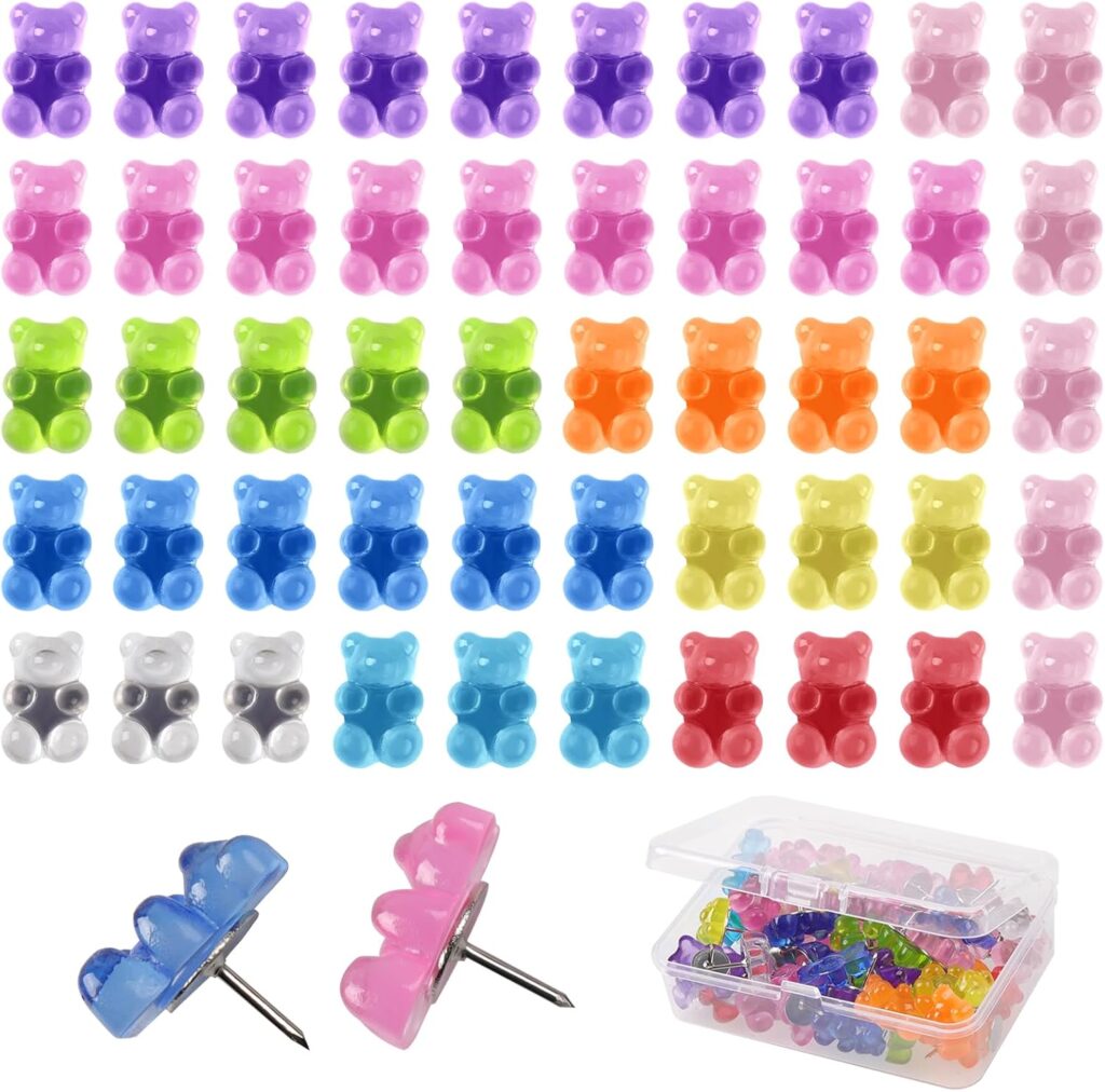 Maxqzin 50 Pcs Push Pins for Bulletin Board,Cute Push Pins with A Box Translucent Resin Cork Board Accessories for Home Office Bulletin Board Hanging Posters (8 Colors)