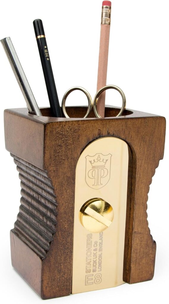 SUCK UK Pen Holder Wooden Desk Tidy & Pencil Sharpener Shaped Desk Accessories Organiser Storage For Stationary Supplies Pencil Holder & Pen Hold For Table Decorative Office Gifts Dark