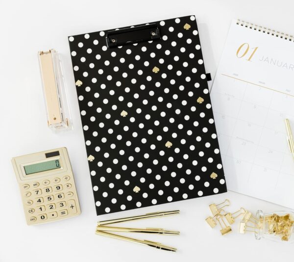 Kate Spade New York A4 Clipboard Folio with Low Profile Clip, Black Professional Padfolio Includes Lined Notepad, Pen Loop, and Pocket, Polka Dots - Image 4