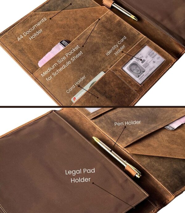Leather Business Portfolio by Rustic Town | A4 Conference Folder Gift for Men & Women | Handmade Durable Leather Padfolio 3 + 1 Sleeves for Documents and Notepad - Image 3